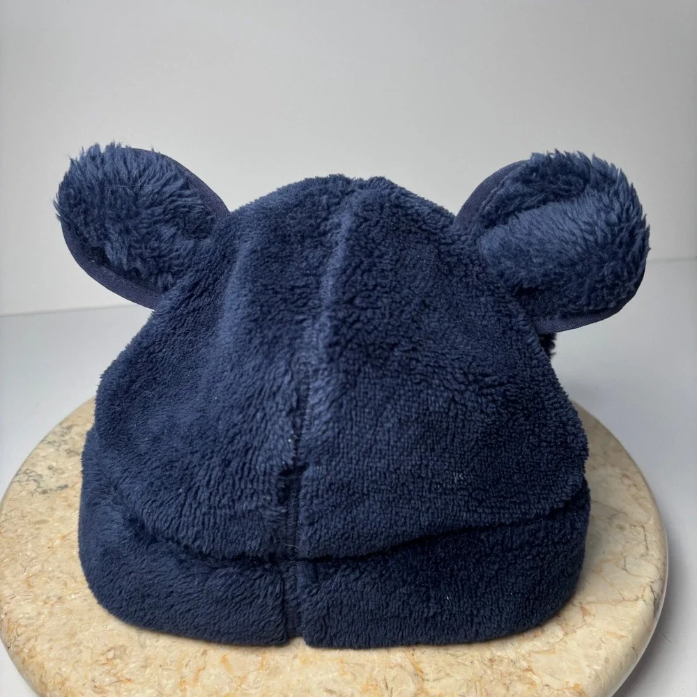 LL Bean Toddler Hat and Mittens Set Navy Blue‎ Fleece Bear Ears 6-12M Hi-Pile